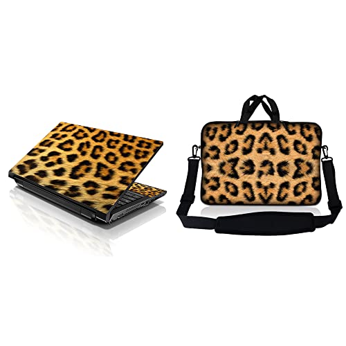 LSS 15 15.6 inches Laptop Sleeve Bag with Matching Laptop Skin Sticker Combo | Carrying Case w/Handle & Adjustable Shoulder Strap for 14" 15" 15.6" - Leopard Print - color: Leopard Print, size: 15 inch