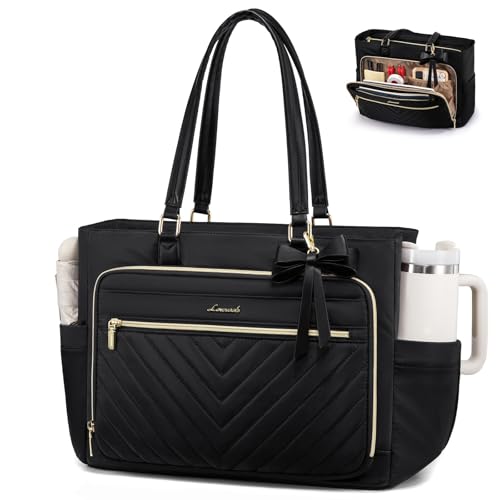 LOVEVOOK Laptop Tote Bag for Women, Work Bag Teacher Tote with Large Cup Holder, Quilted Nurse Diaper Bag for Travel, Computer Women's handbags for Teacher gift, Black, 15.6 Inch - color: Black, size: 15.6 Inch