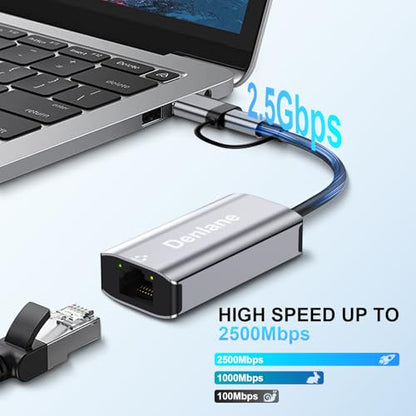 USB C to Ethernet Adapter 2.5Gbps, USB 3.0 to Ethernet Adapter 2-in-1, ethernet to USB-A & USBC Device (Thunderbolt 4/3), 2500/1000/100Mbps RJ45 Network for Laptop, MacBook/iPad/XPS/Windows - size: 2500 Mbps