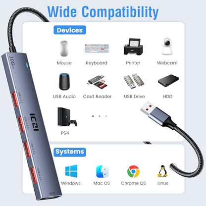 ICZI USB 3.2 Hub 10Gbps 4 Port USB3.2 Gen 2 Splitter with 4FT Cable for Laptop, Desktop PC, Xbox, PS5, iMac, Surface Pro, Xps - size: usb 3.2 aluminum