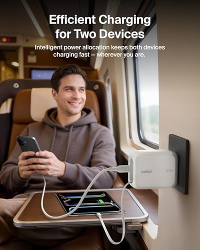 Belkin 67W GaN USB C Retractable Charger Block Fast Charging for Travel | 3.3ft Retractable Cable, USB C Port, iPhone 17, Galaxy S26, AirPods, iPads, MacBook, Travel Charger, Charge Up to 2 Devices - color: White, style: 67W