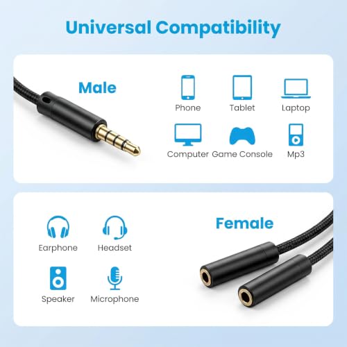 TRRS Headphone Splitter for 2 Headphones, 2PCS 3.5mm Audio Splitter | Nylon-Braided Extension Cable 1 in 2 out 3.5mm Trrs Splitters Male to Female Headset Splitters for Phone/Tablet/Laptop/PC/MP3