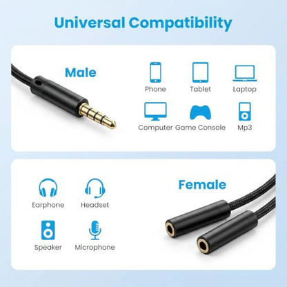 TRRS Headphone Splitter for 2 Headphones, 2PCS 3.5mm Audio Splitter | Nylon-Braided Extension Cable 1 in 2 out 3.5mm Trrs Splitters Male to Female Headset Splitters for Phone/Tablet/Laptop/PC/MP3