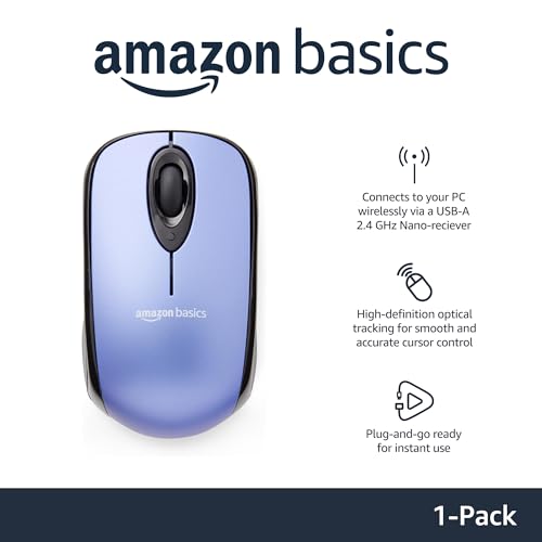 Amazon Basics 2.4 GHz Wireless Optical Computer Mouse with USB Nano Receiver, Portable, Easy Setup, Blue - color: Blue, style: 1-Pack
