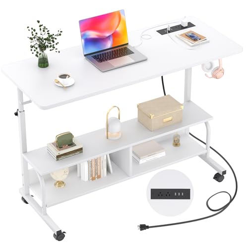 47" Rolling Standing Desk with Charging Station for Couch Bed | Height Adjust 27.5-41", 2 AC/3 USB, Mobile 4 Lockable Wheels, 2-tier Shelves Hook, Safe Corner Fast Assembly - color: White, size: 47''