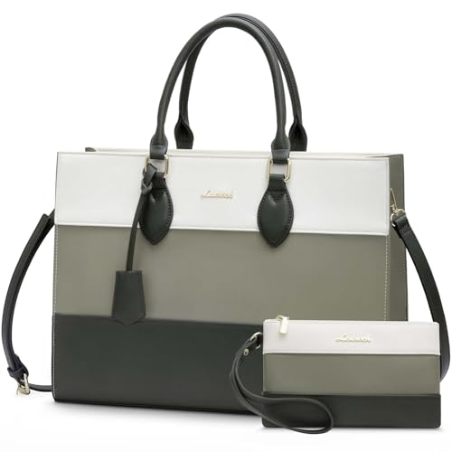 LOVEVOOK Laptop Tote Bag for Women, Work Totes Business Office Computer Briefcase with Clutch Purse - color: White-sage Green, size: 15.6 inch
