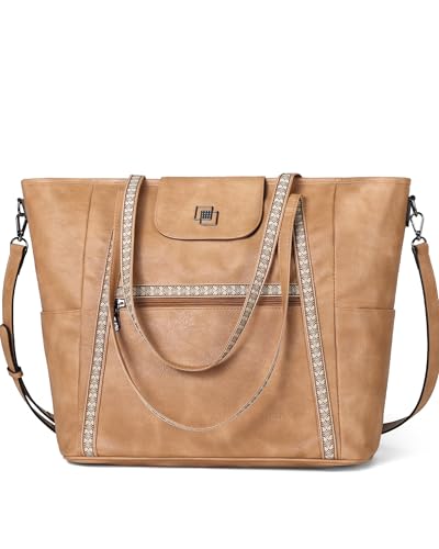 Large Laptop Tote Bag for Women Designer Leather Laptop Bag, 15.6in | Fashion Travel Backpack Purse Shoulder Handbag Fits 15.6 Laptop, Daily, Work, Business Trip, Weekend Travel, Teacher - color: Camel Brown Retro Style