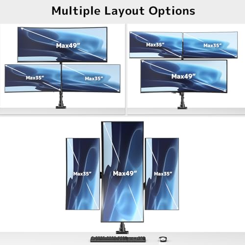 Triple Monitor Mount up to 49 inches, Fully Adjustable Heavy Duty 3 Monitor Arm with Gas Spring, Desk Mount for 3 Screens, C-Clamp & Grommet Base, Holds 44 lbs, Black