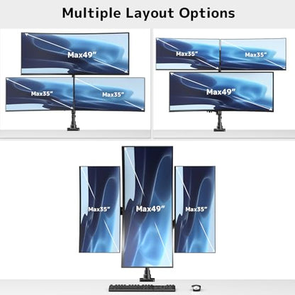 Triple Monitor Mount up to 49 inches, Fully Adjustable Heavy Duty 3 Monitor Arm with Gas Spring, Desk Mount for 3 Screens, C-Clamp & Grommet Base, Holds 44 lbs, Black