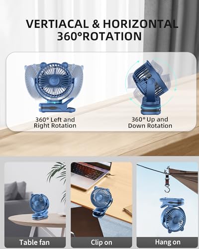GOTOTO Clip on Fan, Rechargeable Portable Fan with 2000mAh Battery Operated, Small Fan with Powerful Clip Design, 3 Wind Speed, 360° Rotation, Ultra-Low Noise Level Personal Fan for Travel - color: Blue