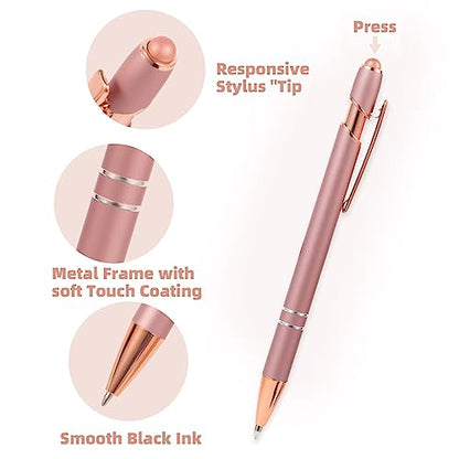 MengRan Rose Gold Pens with Stylus Tip, Black Ink, 12 Pack | Medium Point, 2 in 1 Click Ballpoint Pens & Stylus Pens for Touch Screens