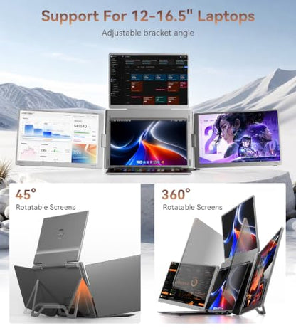 14" Laptop Screen Extender, Quad Monitor for 12"-17.3" Wins/Mac | Need Driver One Cable to Triple Display. Boosts productivity. 360° flip.Compatible with Wins 10/11 & Mac M1/M2/M3/M4/M5