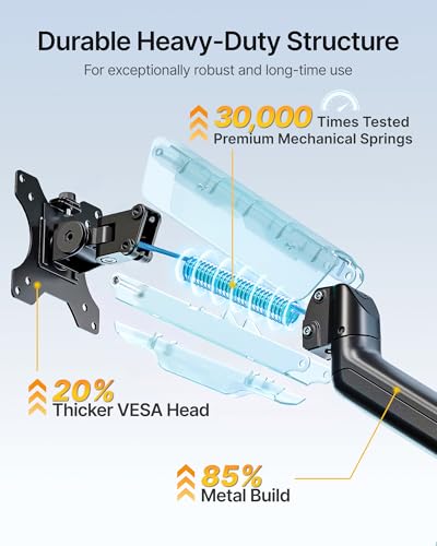 monTEK Single Monitor Arm for 17-32" Flat/Curved Screen up to 19.8 lbs | Mechanical Spring Monitor Arm, Full Motion, Height Adjustable, Alloy Steel, Easy Assembly, Clamp/Grommet, VESA 75/100mm - size: Single Arm