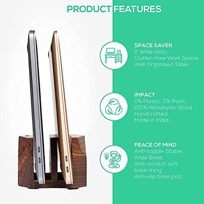 Premium Vertical Laptop Stand – Wooden Dock Compatible MacBook & Laptops | Dual Dock Slot | Ergonomic Desktop Holder & Space-Saving Office Desk Accessory (Indian Rosewood)