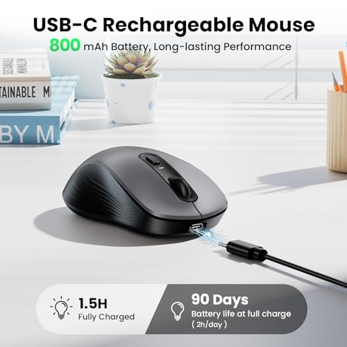 TECKNET Rechargeable Bluetooth Mouse, [ USB + BT5.0 + BT3.0 ] Wireless Mouse, Full-Size, Silent Click, 6-Level 4800 DPI Wireless Mice, 3-Device Switching for Laptop, Computer, iPad, MacBook