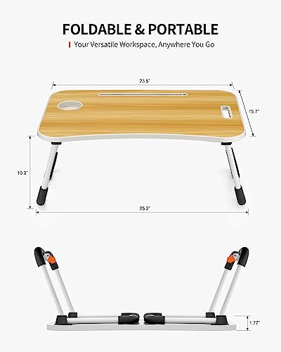 FISYOD Foldable Laptop Table, Portable Lap Desk Bed Table Tray, Laptop Stand with Cup Holder & Tablet Slot & Lifting Handle for Working Writing Drawing & Eating (Wood) - color: Wood