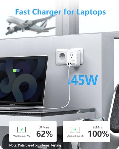 LENCENT Germany France Travel Power Adapter, PD 45W USB C Fast Charger | Schuko Type E F Plug Adapter with 4 Outlets, Travel Essentials for US to Europe EU Spain Greece Russia Germany South Korea - style: Type E/F-45W-Germany