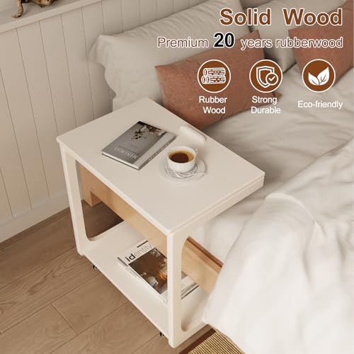 AQIMUELE Wooden C-Shaped End Table,Couch Table with Adjustable Desktop,Small Rolling Side Table with 2 Lockable Wheels 23.6" Width,Small End Table for Couch, Living Room,Bedroom (White) - color: White, size: 15.6"D x 23.6"W x 24.8"H, style: Modern 2 Tier