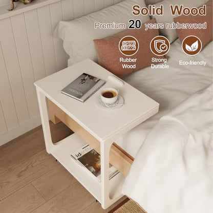 AQIMUELE Wooden C-Shaped End Table,Couch Table with Adjustable Desktop,Small Rolling Side Table with 2 Lockable Wheels 23.6" Width,Small End Table for Couch, Living Room,Bedroom (White) - color: White, size: 15.6"D x 23.6"W x 24.8"H, style: Modern 2 Tier