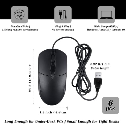 6 Pack Wired USB Silent Computer Mouse Bulk, 3 Button 1000 DPI Corded Mice for Laptop Desktop Home Office School Lab PC Gaming