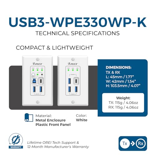 OREI USB Ethernet Extender RS-232 API Control Two-Way PoC GPIO USB 3.2 Gen1 - size: Dual Wall Plate