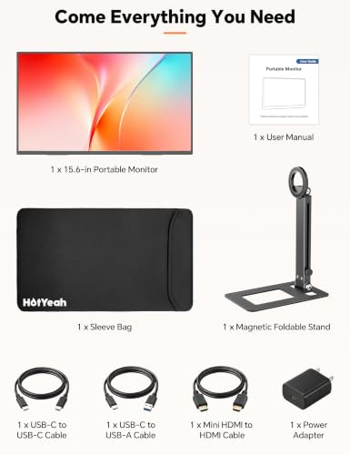HotYeah Travel Portable Monitor with Stand, w/Magnetic Stand & Speaker | 15.6" 1080P 125% sRGB USB-C HDMI HDR External Display, 2nd Screen for Laptop MacBook Computer Phone Tablet Switch PS5 Xbox - size: 15.6 inch