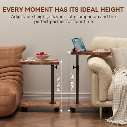 C Table Side Table Adjustable Height, 360°Swivel TV Tray Table with Wheels, Small Table for Eating, Dinner, C Shaped End Tables Living Room and Bedroom for Sofa, Couch, Bed,Chair, Snack