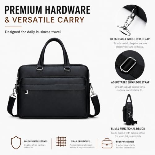Men's Leather Laptop Bag 15 IN, Water-Resistant Briefcase Messenger Bag for Work, Business, Shoulder Crossbody Office Satchel - color: Black