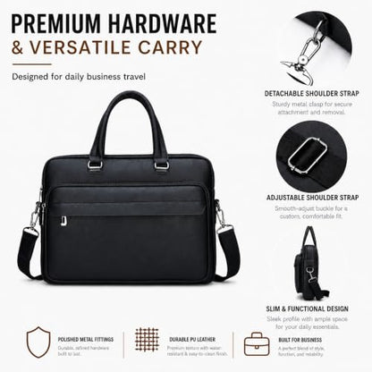 Men's Leather Laptop Bag 15 IN, Water-Resistant Briefcase Messenger Bag for Work, Business, Shoulder Crossbody Office Satchel - color: Black