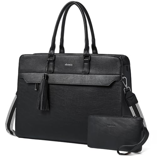 15.6 Inch Laptop Tote Bag with Clutch Purse for Women | Water-Resistant Vegan Leather Computer Briefcase with Satchel Purse,Professional Business Tote,Casual Handbag,Work Office - color: Two-tone Black