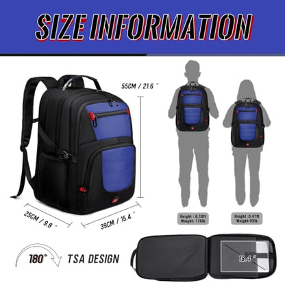 55L Gaming Laptop Backpack, Fits 18.4-19" Laptop, Blue | 180° TSA-Friendly Carry On Design with Padded Laptop Compartment, Water-Resistant, Adjustable Strap, Handle for Men Women - color: Blue, size: 18.4 Inch（21.6"x15.4"x9.8"）