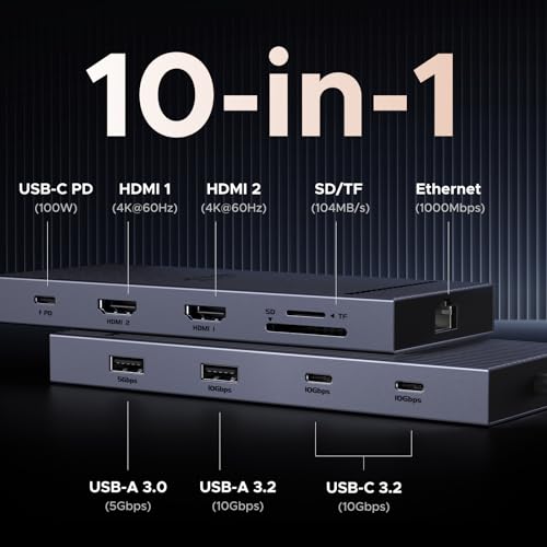 UGREEN 10-in-1 USB C Docking Station Dual Monitor 4K@60Hz, USB C Hub with 2 HDMI, 10Gbps USB A&C Ports, SD/TF Card Reader, 100W PD, Revodok USB-C Dock with 1000Mbps Ethernet for Dell, HP, XPS and More