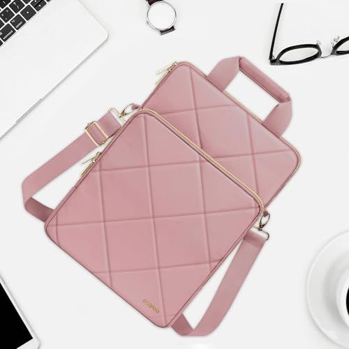 MOSISO Vertical Laptop Bag, Computer Bags | Rhombus Quilted Laptop Shoulder Bag with Trolley Sleeve&Pocket&Handle - color: Pink, size: 16 inch