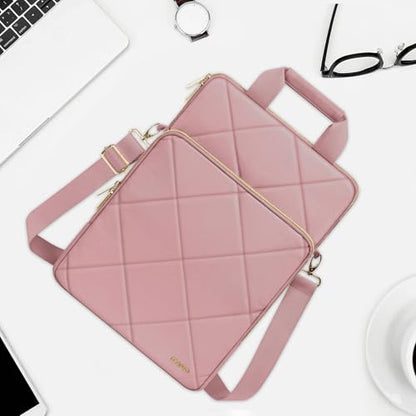 MOSISO Vertical Laptop Bag, Computer Bags | Rhombus Quilted Laptop Shoulder Bag with Trolley Sleeve&Pocket&Handle - color: Pink, size: 16 inch