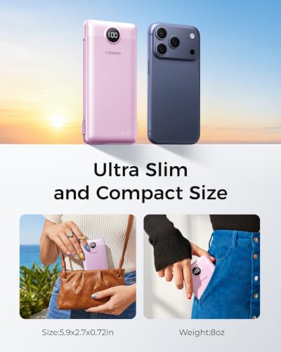 VEGER Portable Charger with Built-in AC Plug and Cables, All in One 10000mAh Ultra Slim Power Bank Travel Essentials, USB C External Battery Pack Compatible with iPhone, Samsung, More, Purple - color: E Purple