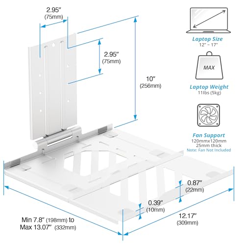 AVLT Adjustable Laptop Tray with Support Fans White (Fan Not Included) | Compatible with VESA 75x75 Monitor Arm - Suitable for Laptops Up to 17Inch Support for 120mm Fan