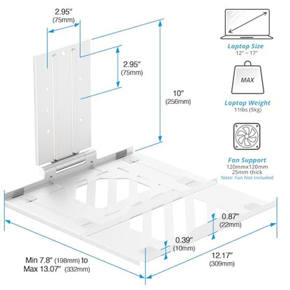 AVLT Adjustable Laptop Tray with Support Fans White (Fan Not Included) | Compatible with VESA 75x75 Monitor Arm - Suitable for Laptops Up to 17Inch Support for 120mm Fan