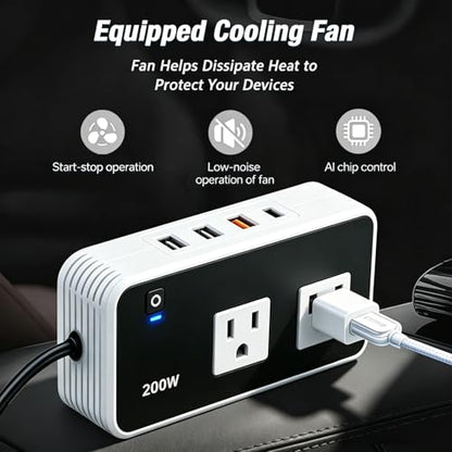 200W Car Power Inverter, DC 12V to 110V AC Car Plug Adapter Outlet with [20W USB-C], USB-Fast Charger[18W], 4.8A Dual USB Car Charger for Laptop, Black - color: Black