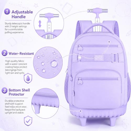 3Pcs Rolling Backpack for Girls Women, 19 Inche School Roller Backpacks with Wheels, Adults Wheeled Bookbag with Lunch Box(Purple) - color: Classic Purple
