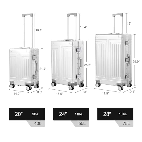 All Aluminum Magnesium Carry On Luggage，Cut from Whole Aluminum Sheet，22x14x9 Airline Approved ，（3rd Generation，Premium Magnesium Metal zipperless suitcase ） (silvery, 24inch) - color: silvery, size: 24 inch