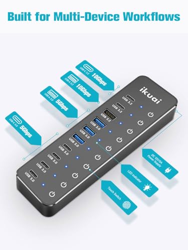 Powered USB Hub, ikuai 10-Port USB 3.2 / USB C Hub, with 3 10Gbps Data Ports and 7 USB 3.0 Ports (4 USB-C + 3 USB-A) for Mac PC Laptops and More - size: 10-Port USB 3.2 Hub