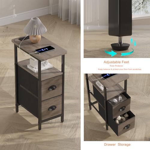 sthmec Narrow End Table with Charging Station, Narrow Side Table with 2 Fabric Drawers, Slim Nightstand, Skinny Bedside Table, Small Side Table for Small Spaces, Living Room, Bedroom, Grey - color: Grey, size: 7.87'' W x 15.75'' D x 24.37'' H, style: Powe