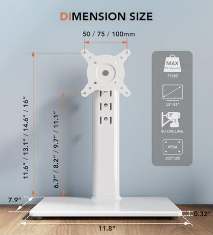 Hemudu Single LCD Computer Monitor Free-Standing Desk Stand Riser for 13 inch to 32 inch Screen with Swivel, Height Adjustable, Rotation, Holds One (1) Screen up to 77Lbs(HT05W-001) White - color: White