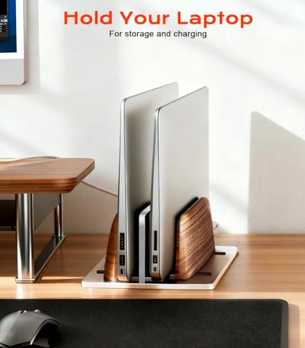 JCZT Vertical Laptop Stand, Walnut Dual Laptop Holder, Silver | with Adjustable Aluminum Alloy Base Laptop Stand for All MacBok/Surface/Samsung/HP/Dell/Chrome Book Laptops (Up to 17.3 inch) - color: Silver