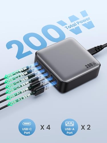 USB C Charger Block 200W[2026 Upgraded] GaN III 6 Port Fast Charging Station Hub,PD 65W USB C Laptop Charger Compatible with MacBook Pro/Air,iPad,iPhone 16/15,Galaxy S23/S24 Steam Deck Dell XPS etc - color: Black, size: 200W