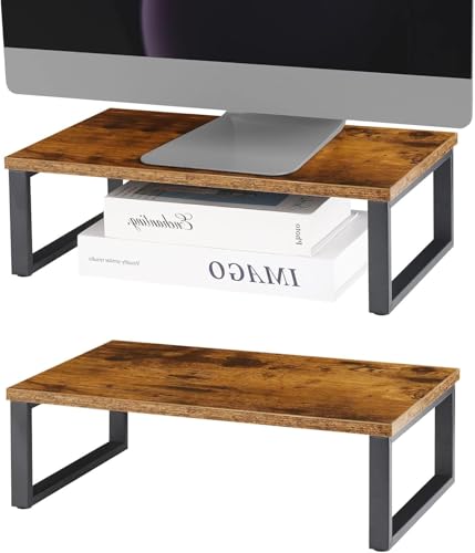 Monitor Stand Riser 2 Pack Laptop Stand Riser Holder Wood Computer Stands Vintage Tabletop Storage Organizer Shelf for Notebook PC Printer Lift Stands TV Risers Wooden Desk Organizers Brown (Brown) - color: Brown