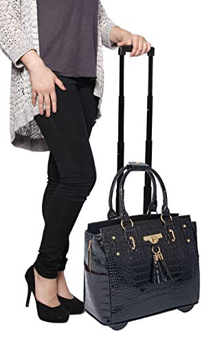 JKM & Company Rolling Laptop Bag for Women | Designer Wheeled Briefcase | Fits 13-17" Laptops | Office Travel Computer Case - color: Black Patent