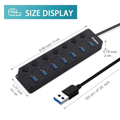 USB 3.0 Splitter with 5V/2A Power Adapter, 7-Port USB 3.0 Hub with Individual Power Switches and Lights, Portable Expansion Data Hub with 120cm Cable for Windows, Vista, XP, Linux, Mac OS X