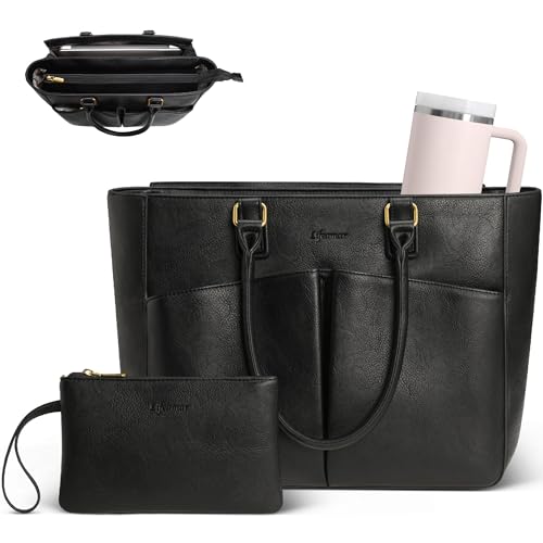 Laptop Tote Bag for Women, Leather Work Tote with Padded Laptop Compartment, Cup Holder, Office Computer Briefcase - color: Black, size: 17.3inch