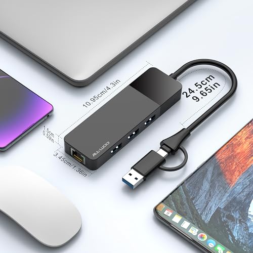 USB A/C to Ethernet Adapter, 3xUSB3.0 and 1000M RJ45 Network hub for Laptop | Plug & play 4-in-1 USB C Hub, Gigabit LAN for Mac/Chrome/XPS & USB-C phones/iPad, 3 USB-A ports for mouse/keyboard/USB fan. - size: 1FT -4 in 1 USB A/C to Ethernet Adapte